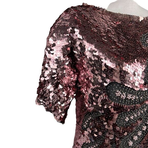 Vintage Oleg Cassini Rose Gold Pink Sequins Silk Formal Blouse Small Pearl Beads - Picture 4 of 7